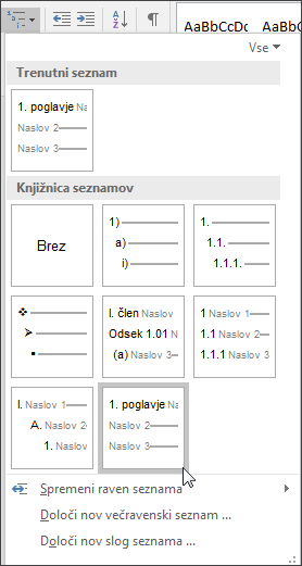 S seznamom naslovov poglavij na več ravneh lahko oblikujete naslove poglavij, ki jih želite vključiti v napise.