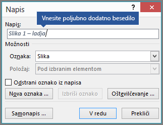 V polje z oznako vnesite izbirno besedilo po meri za vaše napise.