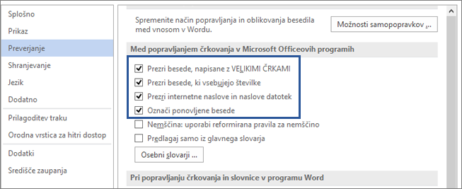 Možnosti, s katerimi prezrete besede pri popravljanju črkovanja