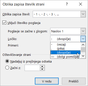 Izbiranje slogov številčenja poglavij