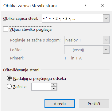 Pogovorno okno »Oblika zapisa številke strani«