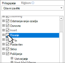 Potrditveno polje za skrivanje ali prikaz zavihka
