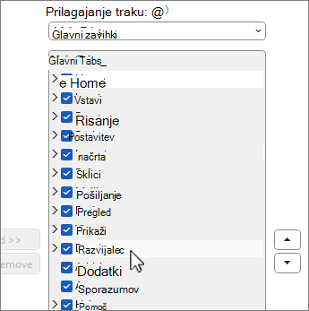 Prilagajanje pogovornega okna na traku z izbranim razvijalcem