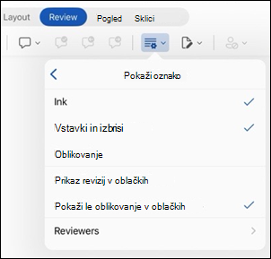 Prikaz možnosti označevanja v Wordu za iPad