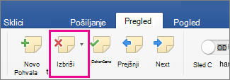 Na zavihku »Pregled« je označena možnost »Izbriši pripombo«
