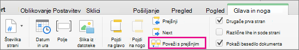 Kliknite »Poveži s prejšnjim«, da preklopite ali izberete, ali je glava ali noga povezana z glavo ali nogo prejšnjega razdelka.