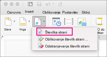 Na zavihku »Glava & noga« kliknite »Številka strani« v meniju »Številka strani«, da dodate številko strani.