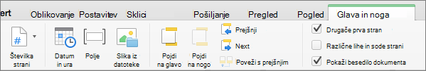 Ko dvokliknete območje glave ali noge, Word prikaže zavihek »Glava & noga«.