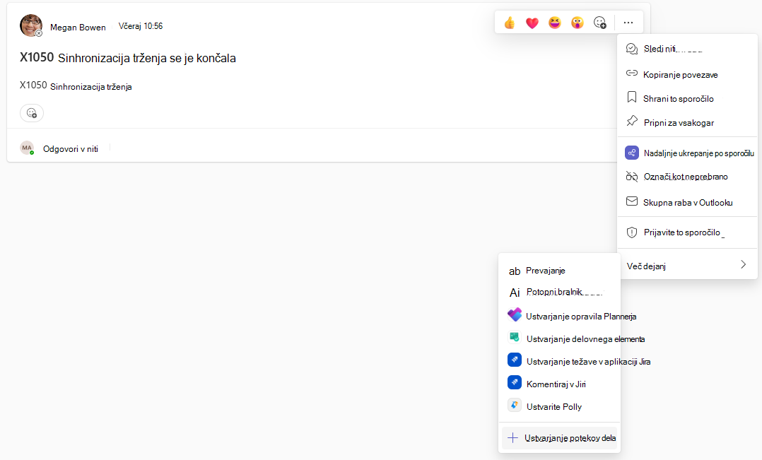Dejanje sporočila create workflows