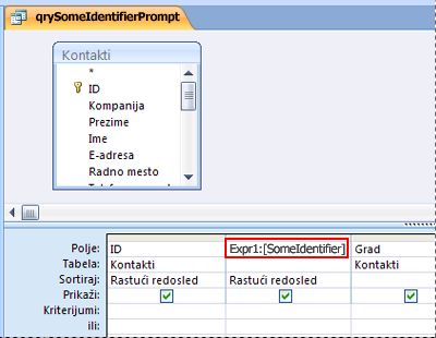Upit koji sadrži izraz koji dovodi do pojavljivanja dijaloga „Unesite vrednost parametra“