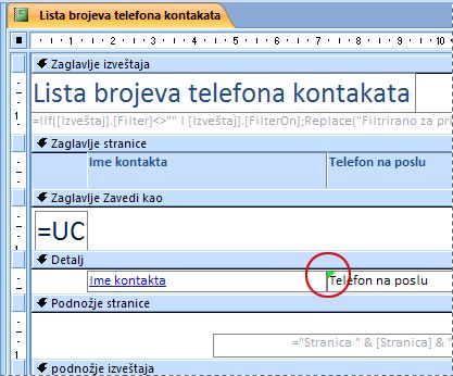 Izveštaj koji sadrži okvir za tekst sa nepravilno napisanim identifikatorom