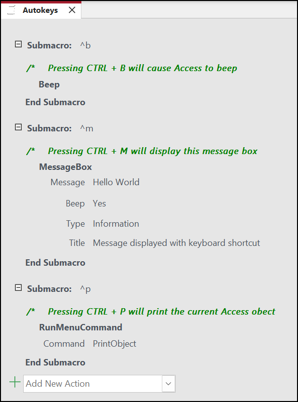 Tri podmakroa u Access makrou koji se zove AutoKeys