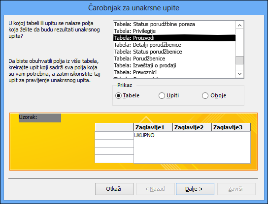 U čarobnjaku za unakrsne upite izaberite tabelu ili upit.
