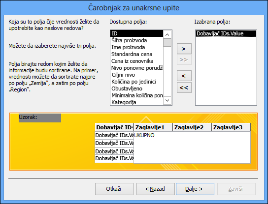 Izbor polja koja će se prikazati kao naslovi redova u čarobnjaku za unakrsne upite.