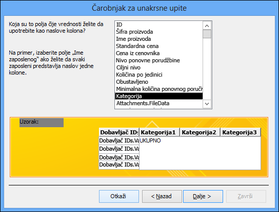 Izbor polja koja će se prikazati kao naslovi redova u čarobnjaku za unakrsne upite.