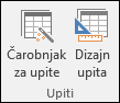 Grupa „Upiti“ na traci programa Access prikazuje dve opcije: „Čarobnjak za upite“ i „Dizajn upita“