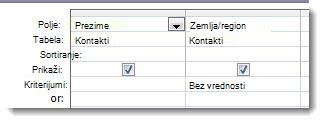 Slika koja prikazuje polje za kriterijume u dizajneru upita sa kriterijumom „is null“