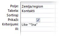 Slika dizajnera upita koja prikazuje kriterijume koji koriste folloeing operatore, kao što je džoker u