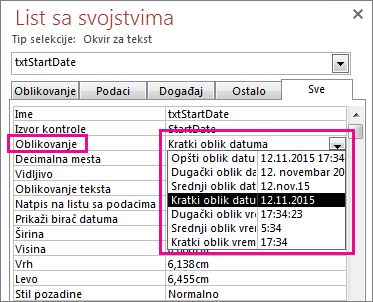 Slika lista sa svojstvima s prikazanom padajućom listom Oblik.