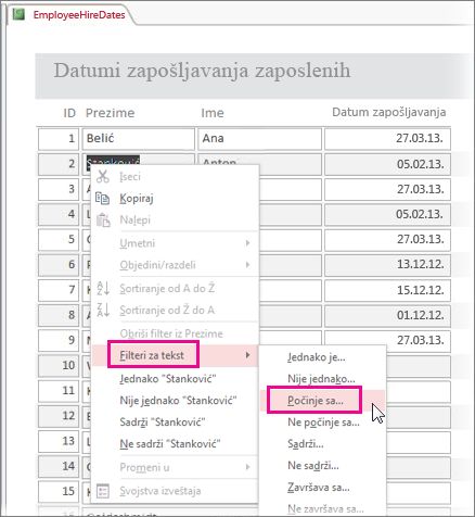 Primena filtera u izveštaju pritiskanjem vrednosti u prikazu izveštaja desnim tasterom miša.