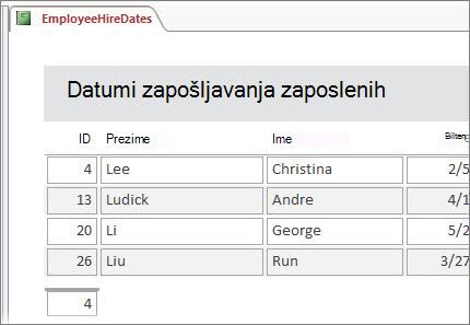 Izveštaj o zaposlenima filtriran do zaposlenih čija prezimena počinju na L.