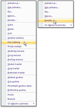 Dugačke i kratke liste uobičajenih filtera datuma