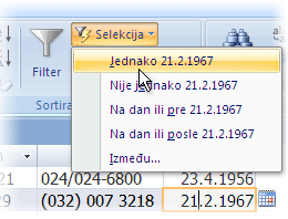 Lista sa komandama za filtriranje na osnovu izbora