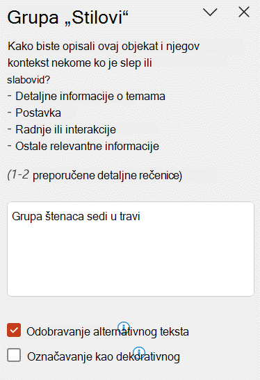 Automatski alternativni tekst prikazan u oknu 