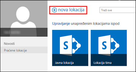 Stranica „Nistes“ u sistemu SharePoint Online prikazuje dugme „Nova lokacija“