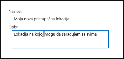 Dijalog za naslov nove lokacije u sistemu SharePoint Online