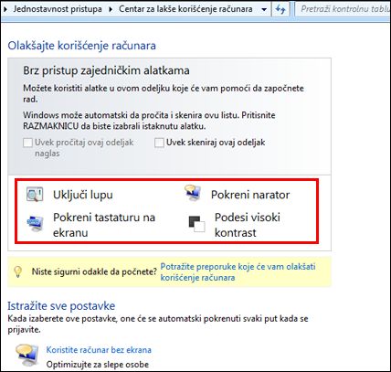 Dijalog Windows centra za lakše korišćenje računara u kojem možete da odaberete pomoćne tehnologije