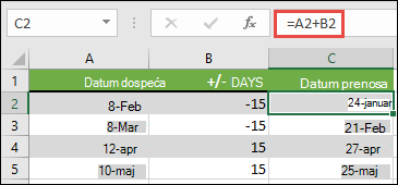 Dodavanje ili oduzimanje dana od datuma pomoću =A2+B2, gde je A2 datum, a B2 broj dana za sabiranje ili oduzimanje.