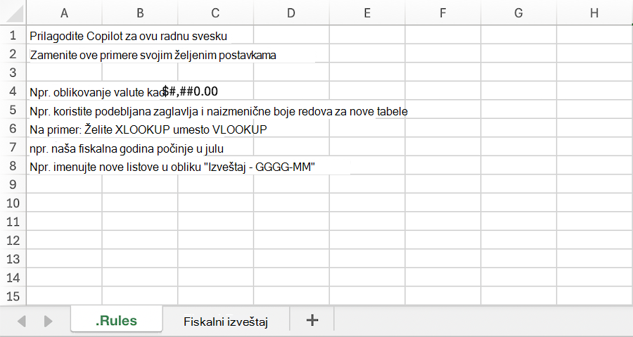 Snimak ekrana usluge Copilot u Excel radnoj svesci sa uzorkom. Radni list pravila.