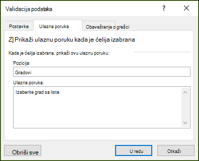 Opcija „Unesite poruku“ za validaciju podataka