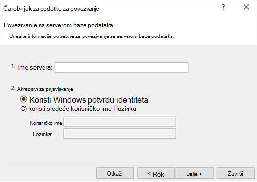Ekran 1 čarobnjaka za podatke za povezivanje