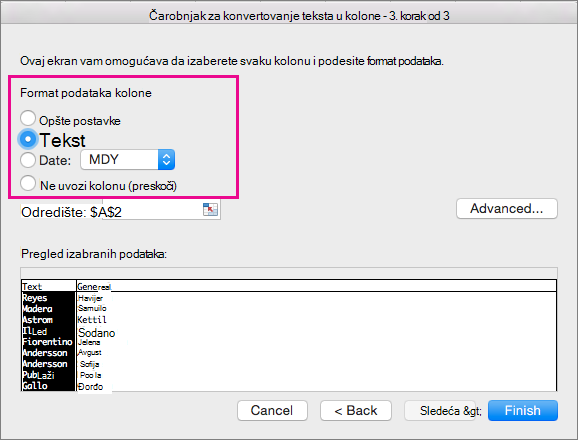 Step 3 in the wizard, Text option selected
