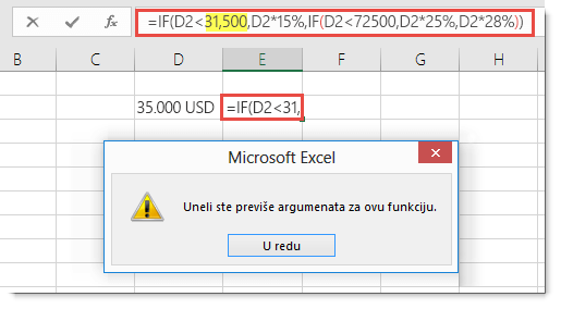 Poruka programa Excel kada vrednosti dodate zarez.