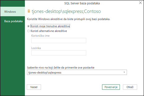 Power Query SQL Server akreditiva za prijavu u vezu