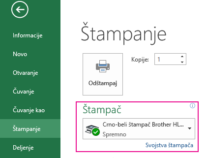 U padajućem meniju „Štampač“ pronađite štampač koji želite da koristite.