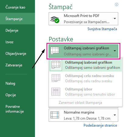 U padajućem meniju „Postavke“ pronađite ono što želite da odštampate.