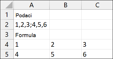 2. primer funkcije TEXTSPLIT u programu Excel