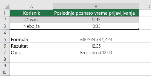 Primer: Konvertovanje časova iz standardnog formata vremena u decimalni broj