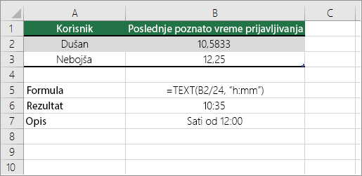 Primer: Konvertovanje časova iz decimalnog broja u standardno vreme