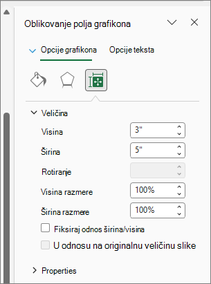 Snimak ekrana koji prikazuje podešavanje veličine grafikona u dijalogu 