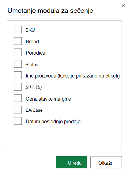 Screenshot of Insert Slicer options.