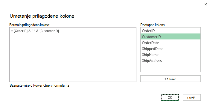 Navođenje formule prilagođene kolone za objedinjavanje vrednosti kolona