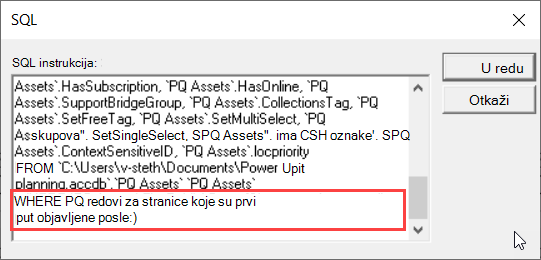 SQL prikaz MS Query naglašavajući odredbu WHERE