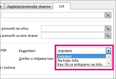 Na kartici „List“ izaberite opciju u okviru „Komentari“