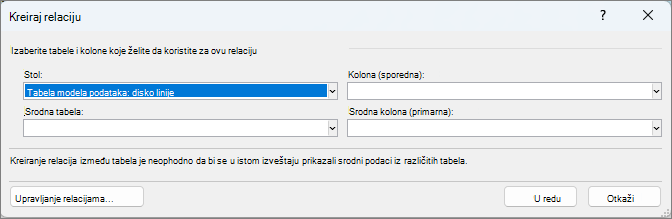 Prozor „Kreiranje relacije“