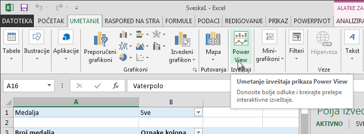 Umetanje Power View izveštaja